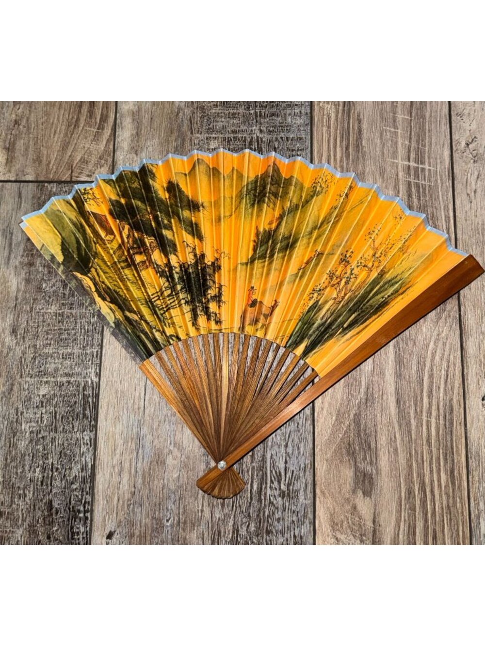 Handheld Folding Fan With Scenic Painting & Calligraphy Bamboo Frame Double-Side